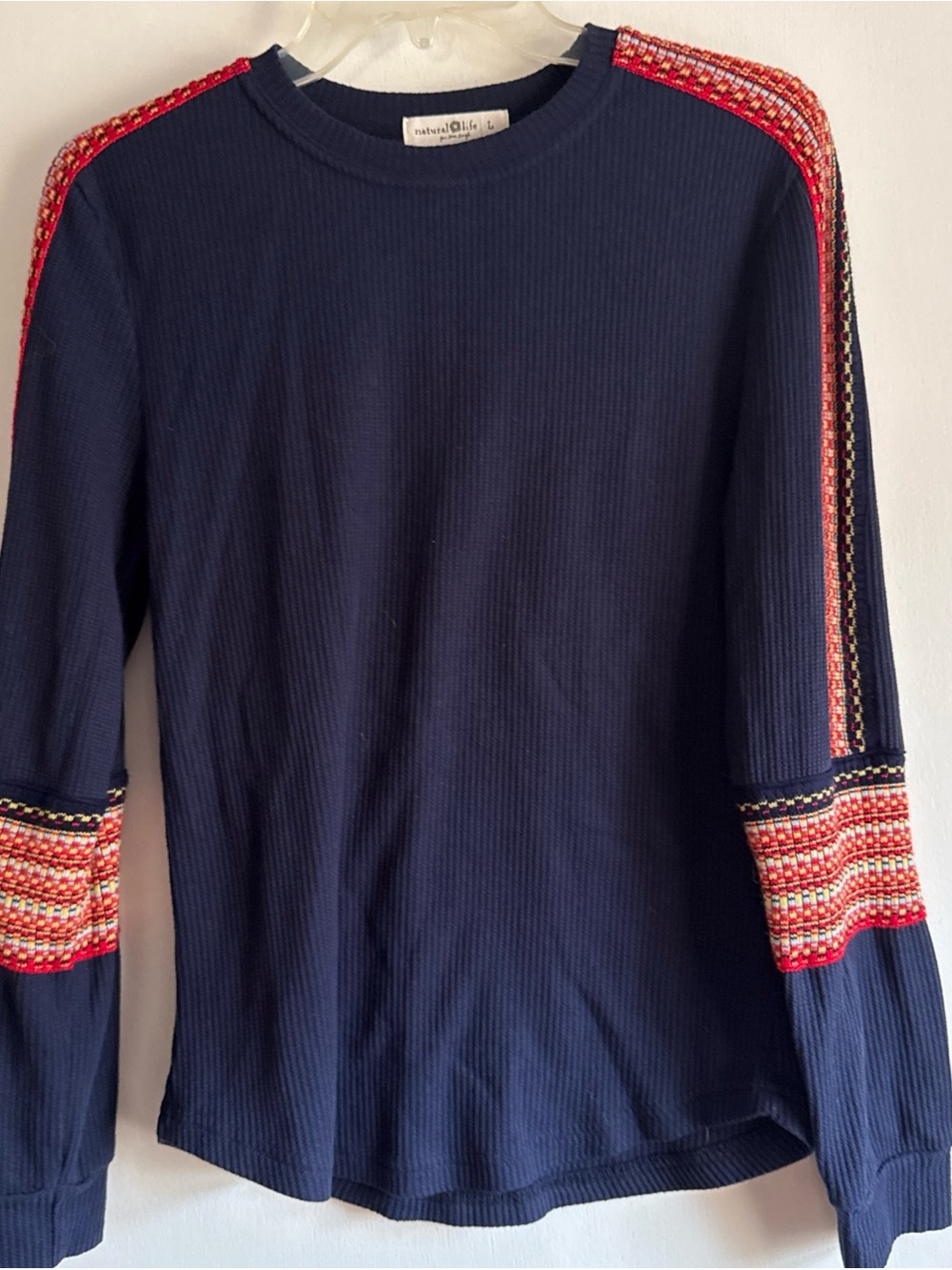 Natural Life Waffle Knit Thermal Top Boho Stripe Sleeve Navy Blue L - Picture 2 of 5